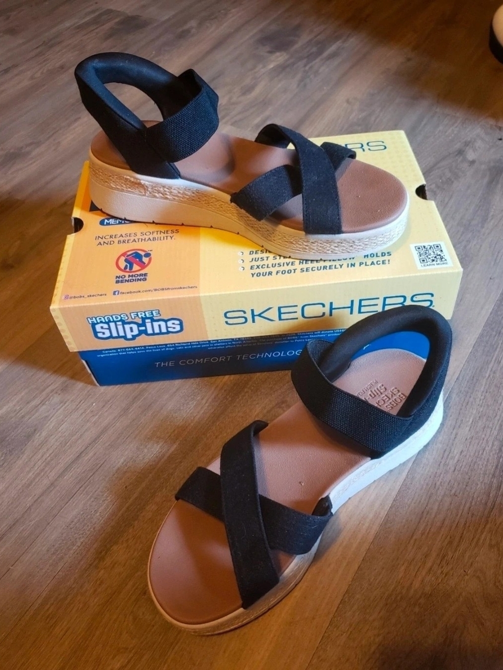 Skechers Black Elastic Strap Wedge Sandals with Tan Footbed